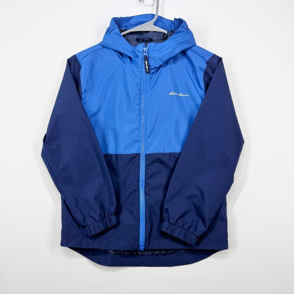 Eddie Bauer Kids Colorblock Hooded Rain Jacket Blue Navy Size S 7/8 Waterproof